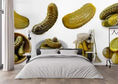 Pickles, Pickled gherkins, Preserved Marinated cucumbers vegetable, many angles and view front pile slice isolated on transparent cutout, PNG file. Mockup template for artwork graphic design Wall mural