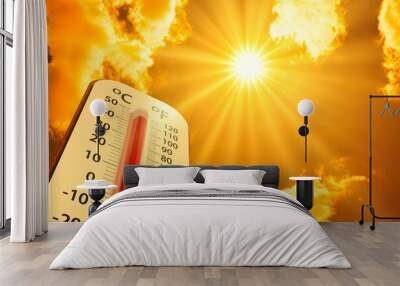 hot temperature,Thermometer on yellow sky with sun shining in summer show higher Weather, concept global warming Wall mural