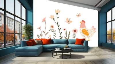 Adorable vector illustration of a chicken among spring flowers and butterflies on a white background Wall mural