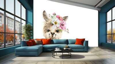 alpaca, llama cute animal with a bouquet of pink flowers on his head, watercolor illustration on white background Wall mural