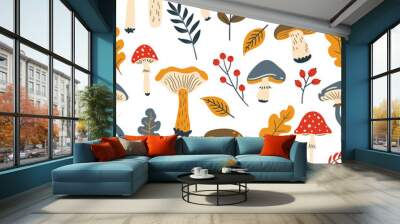 autumn seamless pattern with mushrooms, leaves and berries. Vector illustration in doodle style, flat style Wall mural