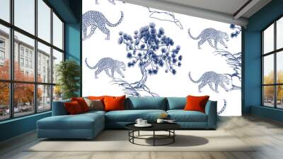 Blue leopards with trees Japanese style seamless pattern	 Wall mural