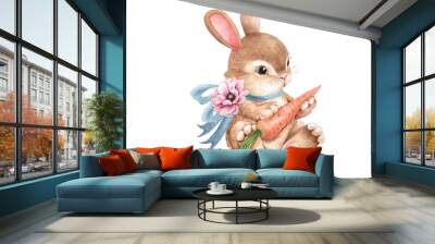 cute easter bunny with blue bow and carrot, watercolor illustration .hand painted for holidays and design Wall mural