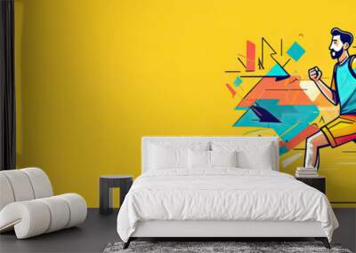 abstract running man, isolated on the yellow background in the style of Cubism Art movement. wide banner space for text, sport, health, selfcare concept, minimalist style Wall mural