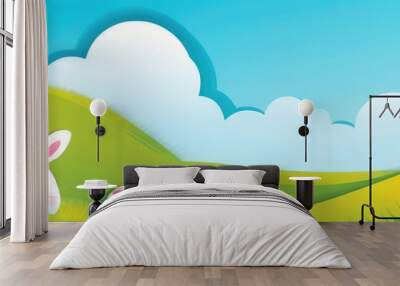 Eggs hunt. Panoramic banner landscape of spring field with rabbit hunting Easter eggs. Holiday illustration of cute cartoon bunny playing on spring meadow, light green grass, blue sky background Wall mural