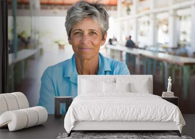 Middle aged female doctor in blue scrubs, smiling looking in camera, Headshot portrait of woman medic professional, hospital physician, confident practitioner or surgeon at work. blurred background Wall mural