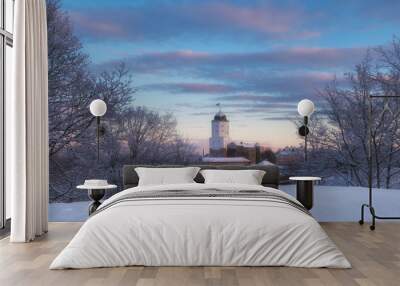 Castle in  Vyborg in winter,  top view from the hill above the city Wall mural