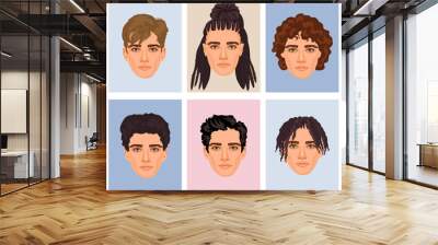 A set of men avatars with different hairstyles. Collection of trendy male haircuts, short and long. Barbershop banner. Wall mural