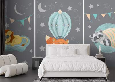 A set of three illustrations with cute sleeping animals. Lion, fox and raccoon in cartoon style for decoration of nursery or other children spaces. Wall mural