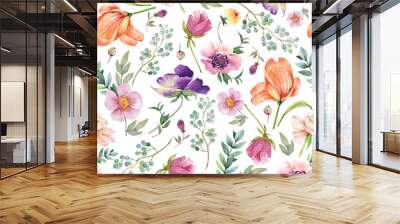 seamless pattern with spring watercolor multicolored flowers, hand painted Wall mural