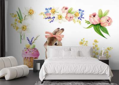 Set of watercolor illustrations for Easter holiday with rabbit, spring flowers and Easter cake, hand painted on white background. Wall mural