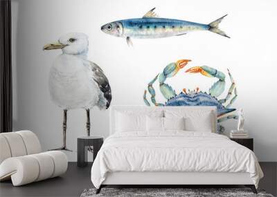 set of watercolor illustrations of animals in marine style, blue crab, fish and seagull. hand painted on white background Wall mural