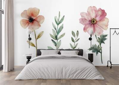 set of watercolor illustrations of flowers on a white background. hand painted for design and invitations. Wall mural