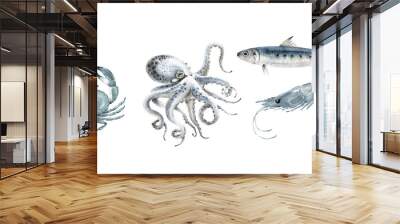 Set of watercolor illustrations with sea inhabitants. crab, octopus, shrimp and fish on a white background Wall mural