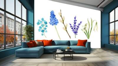 watercolor set of spring flowers and bouquets on white background, hand painted Wall mural