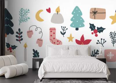 Hand draw christmas elements.Gift boxes,Florals,Сandles,Christmas decorations. Wall mural