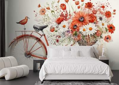 Watercolor red bicycle with Beautiful Flower Basket Generative AI Wall mural