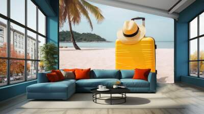 Yellow suitcase on the beach, travel concept Generative AI Wall mural