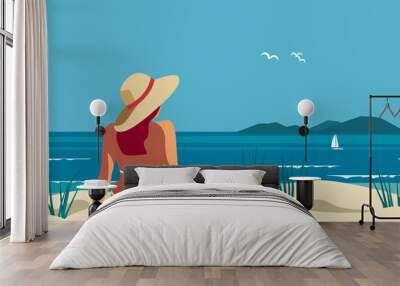 Female relax on sea sand beach travel vector poster. Summer seaside blue ocean scenic view background. Hand drawn pop art retro style. Holiday vacation sea tourist travel leisure trip illustration Wall mural