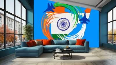 India republic celebration. National holiday air parade poster element. Independence day concept. Indian tricolor flag. Traditional blue Ashoka Chakra emblem. Vector patriotic event banner background Wall mural