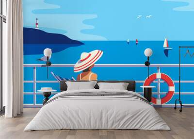 Women in sun hat on cruise vessel enjoy summer seaside landscape. Blue ocean scenic view background. Holiday vacation season sea travel leisure illustration. Sea sailing relax tourist vector poster Wall mural