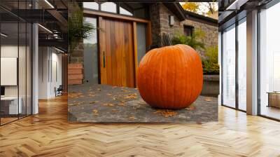 Large pumpkin standing at the front doors outside of the fancy home. Season outdoor decoration for the halloween in USA and Canada. Wall mural