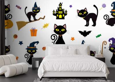 Happy Halloween. Mega set of black cat with yellow eyes in different poses with a pumpkin, on a broomstick, in a hat of a witch and other elements isolated on a white background. Cartoon, vector Wall mural