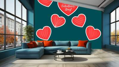 Vector set of nine red hearts stickers in white stroke with text about love and patterns isolated on a dark background. Valentine s day or wedding for your design. Flat style Wall mural