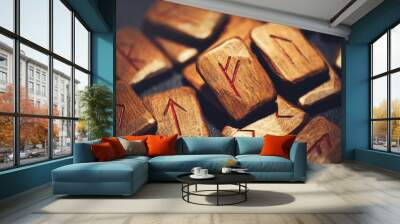 A stack of wooden runes. Wall mural