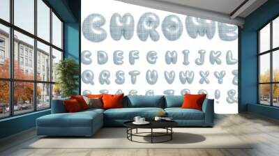 3D font with fluid abstract bubble shapes of dripping liquid melted white metal in y2k dotted halftone style. Set of isolated alphabet letters and numbers for typography design. Vector illustration. Wall mural