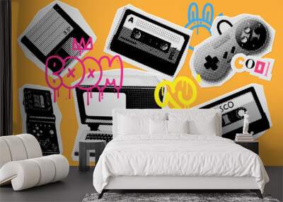 90s Retro electronics in halftone treatment. Collage elements in trendy dotted y2k style. Vector illustration with vintage grunge punk cutout shapes. Black grunge audio cassette, floppy disc, PC Wall mural