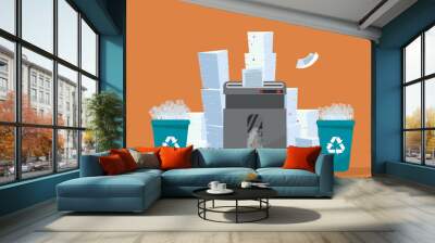 A pile of paper and documents stands above big floor shredder. . Many paperwork concept. Huge stacks of used paper and plastic recycle bins full of scraps of paper. Flat cartoon vector illustration. Wall mural