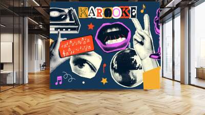 A set of halftone stickers torn from newspapers on the theme of singing in a karaoke club. Vinyl player, singing mouth, hand with notes, disco ball. Vector illustration. Wall mural