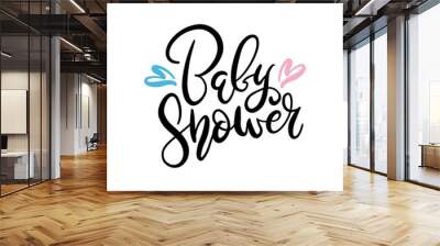 Baby shower text isolated on white background for party invitation, greeting card, banner. Handwritten holiday calligraphy. Vector lettering illustration with hearts Wall mural