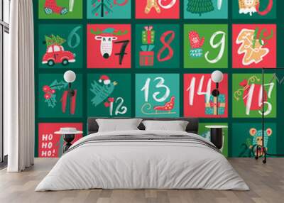 Christmas Advent calendar with hand drawn elements. Xmas Poster. Vector illustration for 25 december days. Wall mural