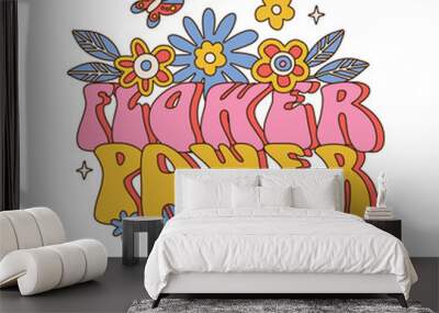 Flower Power Lettering text with daisy and butterfly concept. Template with floral symbols isolated on white background. Hand drawn vector Illustration for print design. Wall mural