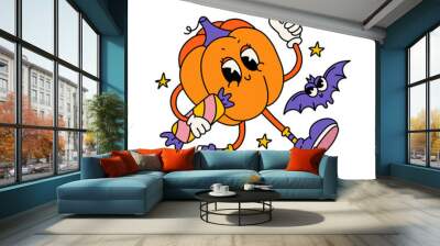 Funny colorful retro cartoon halloween pumpkin character holding big candy. Linear hand drawn vector  in 80s style. Print concept in comic elements in trendy linear vintage style. Wall mural