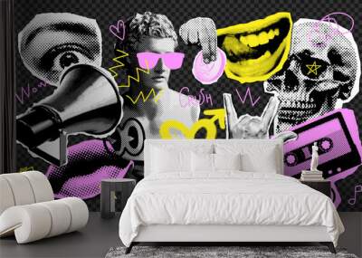 Halftone Collage design elements in trendy halftone collage magazine style. Cassette, statue, skull, megaphone, eye, mouth, rock hand. Vector y2k illustration with vintage grunge punk cutout shape. Wall mural