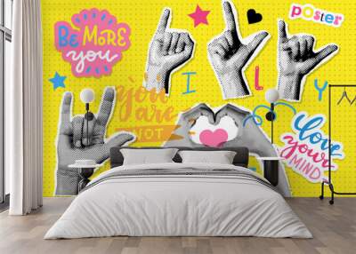 Halftone poster with lovely hands set. Love collage elements. Heart Gesture sign with gesture language letters I L Y. Modern art collage with human palms. Trendy vector sticker pack in Y2K style Wall mural