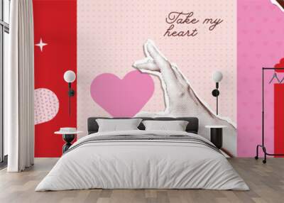 Halftone Valentines day collage covers set in contemporary mixed media style. Modern vector poster with dotted elements - hands and hearts. Concept of relationship, love, romance, valentine day. Wall mural