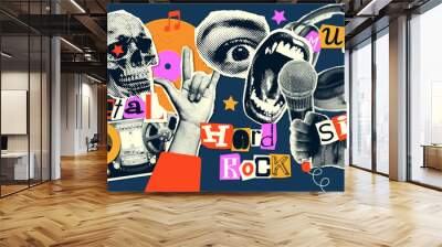 Hard rock set of halftone collage elements on the theme of metal singing, grunge music. Headphones, skull, hand with rock gesture and open lips. Trendy retro vector illustration Wall mural