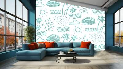 Linear monochrome seamless summer pattern for Wrapping paper. Cute doodle summer pattern with palm tree and waves. Vector illustration and element for your design. Wall mural