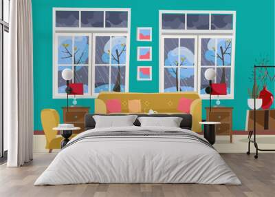 Living room with Furniture-sofa with table, nightstand, paintings, lamps, vase, carpet, porcelain set, soft chair in room with two large window.Outside winter landscape with trees. Flat cartoon vector Wall mural