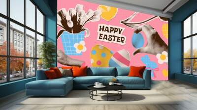 Minimal collage of traditional Easter elements set with april holiday tulips bunch, paper bunny, painted eggs with simple ornament. Halftone artwork torn paper stickers vector collection. Wall mural