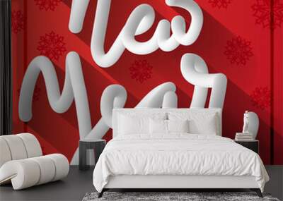 Red and White Happy New Year greeting card or festive poster. Hand drawn volumetric round letters. Calligraphic vector inscription in the form of bends of a cord on snowflakes red background Wall mural