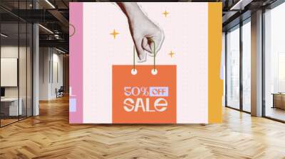 Retro 80s collage set on the theme of SALE. Halftone effect hands in 90s vintage style holding loudspeaker, paper bag and gift card. Vector mixed media illustration, shopping bag in arm. Wall mural