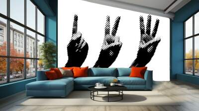 Set of halftone hands. One two three. Vector illustration with gestures of hands with halftone effects for decoration of retro banners and vintage postres. Collection of collage elements. Wall mural