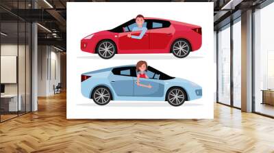 Smiling man driving his car, looking out side window, showing thumb up gesture. Cheerful driver behind the wheel of a car. Brown-haired woman driving a car. Vector flat cartoon isolated illustration Wall mural