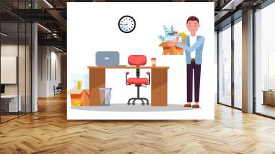 Successful smiling young business man holding cardboard box with work stuff at a new workplace with laptop and papers. New job concept. Office workstation. flat cartoon illustration Wall mural