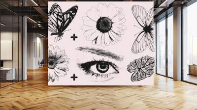 Trendy realistic Elements set with vintage photocopy effect. Vintage y2k styled Eye, butterflies, flower, leaf. Grain effect and stippling. Vector grunge texture. Wall mural